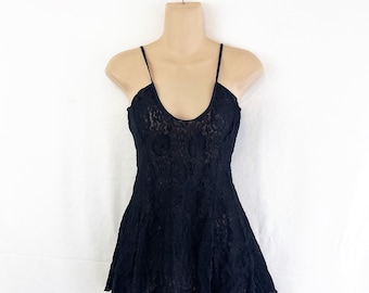 Vintage 80s 90s Black Sheer Lace Mini Dress - Escante