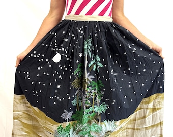 Falda vintage de los años 70 de Norma Di Legge, de algodón, con estampado de palmeras y luna en la playa - Hecha en Italia