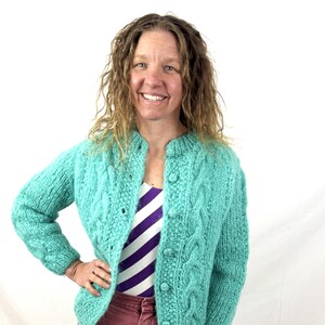 Vintage 1960s 60s Teal Knit Mohair Wool Cardigan Sweater - Made in