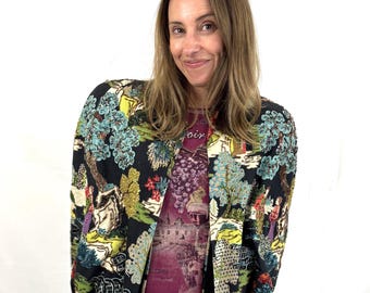 Beautiful Vintage 1940s 40s Beaded Asian Scene Chinoiserie Capelet Coat Cape Jacket - By Marsha Originals