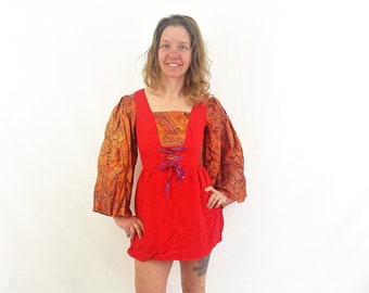 Vintage 1960s 70s Young Innocent By Arpeja Boho Belled Sleeve Psychedelic Gogo Go-go WOW Mini Dress - Size 7
