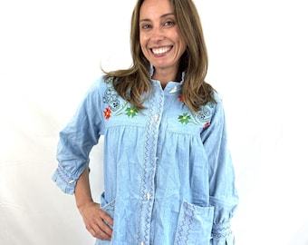 Vintage Boho Ethnic Mexican Folk Blouse Embroidered Chambray Shirt Chore Jacket  Mexican Folk Blouse