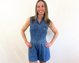 Vintage 1980s 80s Summer Denim Cotton Romper - Halmode Petites