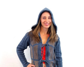 Vintage 70s 1970s Suede and Knit Blue Hoodie Hooded Cardigan Sweater - Ms. Today - A division of Trissi Inc.