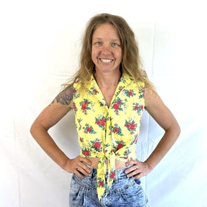 Vintage 1990 90s Ralph Lauren Yellow Summer Floral Top Shirt Blouse