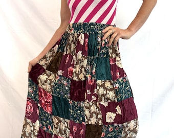 Falda larga vintage de los años 90 con estampado floral patchwork estilo grunge de rayón - 2X, XL