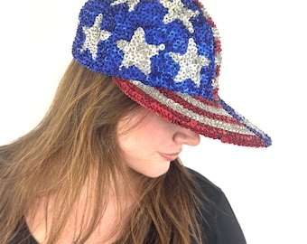 Vintage 1990s 90s USA Red White Blue July 4th Sparkle Sequin Hat