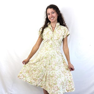 Vintage 1950s 50s Brentwood Cotton Pink Green Lightweight Cotton Summer Day Dress