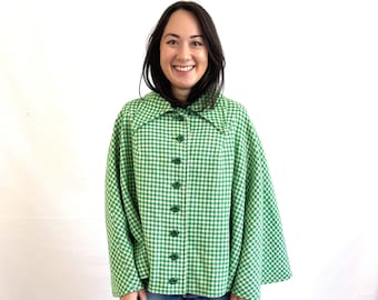 Amazing Vintage 1960s 60s Wool Green White Houndstooth Plaid Winter Coat Cape - By HARELLA, Made in England