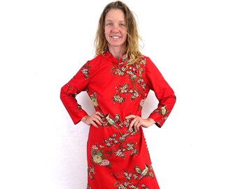 Vintage 1970s 70s Novelty Print Rhinestone Fun Birds Geisha Asian Style Dress - Leslie Pomer