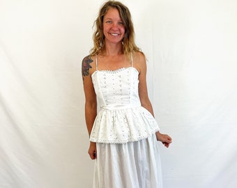 Vintage 1970s 70s Eyelet White Vicky Vaughn Summer Maxi Boho Wedding Bridal Dress