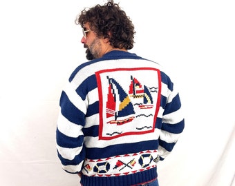 Vintage 1980s 80s Sailing Cardigan Sweater - Handknitted Uruguay Virginia Celaya