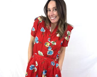 Vintage 1980s 80s Red John Meyer Floral Cotton Blouse and Skirt Set