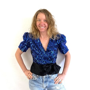 Vintage 80s Blue Sequin Top: Disco Shimmery Party Shirt