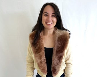 Vintage 1960s 50s Sheepskin Shearling Fur Trimmed Sweater Cardigan