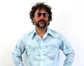 Vintage 70s RARE 1970s Polyester Disco Button Up Shirt - By Landmark