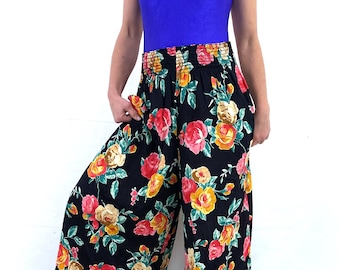 Vintage 1980s 90s Carol Little Wide Leg Floral Rayon Pants