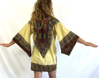 Vintage 1970s 70s Cotton Hippie Belled Sleeve Mini Dress - Modesto Garments of Distinction
