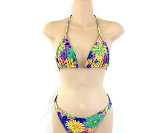 Vintage 90s 1990s Fun Summer Beach Swimsuit Two Piece String Bikini - Raisins