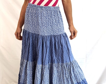 Falda larga vintage de los años 90, azul campestre, con encaje floral y rayón - Voyou