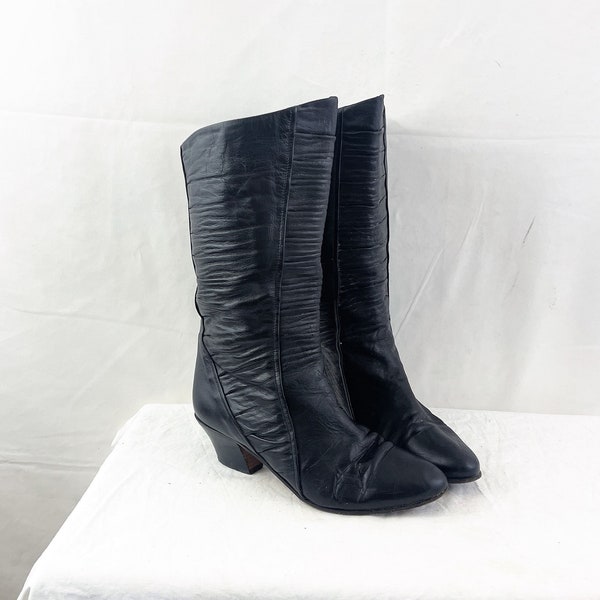 Vintage 80s 1980s Tall Black Italian Leather Vero Cuoio Bootalinos By Corelli Tall Heels Boots - Size 8 M - Made in Italy