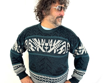 Vintage 1990s 90s Green Geometric Fall Autumn Sweater - By Saturdays.