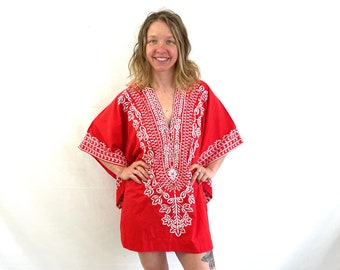 Vintage 1970s Ethnic Boho Embroidered Philippines Dashiki Caftan Tunic Mini Dress - Chuchi