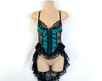 Vintage 1980s 80s Nylon Black Green Lace Teddy Lingerie - Juliara