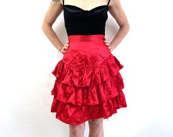 Best 80s 1980s Red Ruffle Tiered Satin Mini Skirt