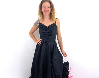 Vintage 1980s 80s Black Pink Ruffled Flamenco Style Maxi Costume Dress