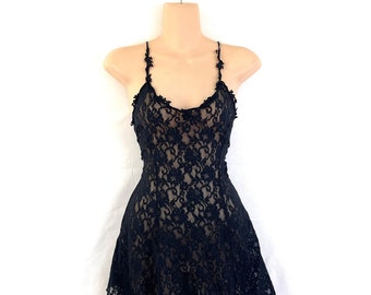 Vintage 1980s 80s 90s Black Sheer Lingerie Lace Negligee Top Mini Dress - By Hanky Panky