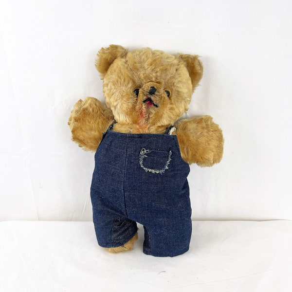 Vintage Teddy Bear Overalls Stuffed Animal 1950s 60s Mohair Plush Toy