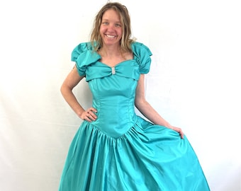 Vintage 1980s 80s Green Fancy Poof Prom Cocktail Green Dress