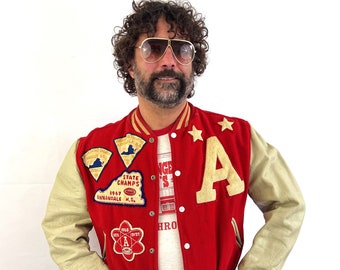 Giacca in lana rossa vintage anni '60 in pelle di lana Letterman novità sportiva Varsity - Acero, abbigliamento sportivo autentico