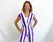 WOW Vintage 80s 1980s Purple White Striped Onesie Romper Cotton Jumpsuit
