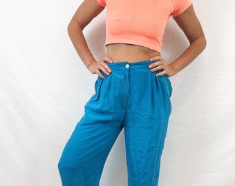 Vintage 1990s 90s SILK Teal Blue Pants