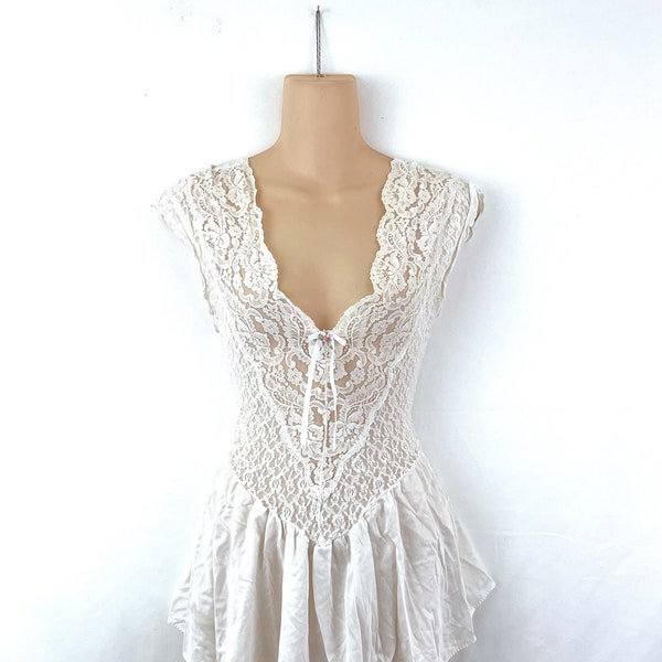 Vintage 1980s 80s 90s White Lingerie Lace Negligee Top Mini Dress - By Inner Most