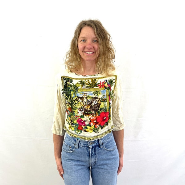 Vintage 80s Platinum by Dorothy Schoelen 1980s Fun Rayon Lion Cat Tiger Cropped Top