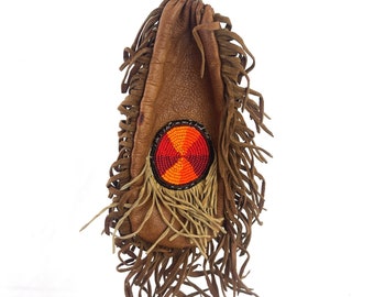 Vintage Leather Fringe Beaded Pouch