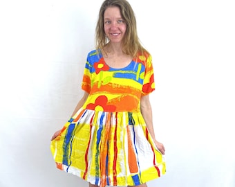 Vintage 90s Jam's World Rainbow Tropical Rayon Mini Dress