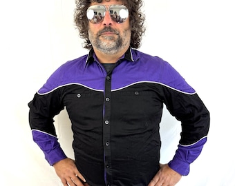 Vintage 1990s 90s Southwest Western Black Purple Cotton Cowboy Shirt - Spindle River