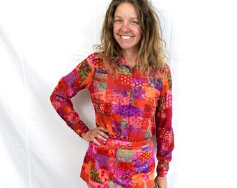 Lustige Vintage 1970er Jahre 70er Jahre Blumen Bikinihose und passendes semi schieres Cover-up-Top - Accentuette
