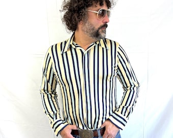 Vintage 1970s 70s Gold Circle Button Up Striped Shirt
