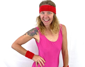 Vintage 80s Red Terry Cloth Headband and Wristbands: Aerobics Costume Set