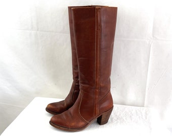 Vintage Dexter Brown Leather Tall Stacked Wooden Heel Boots - Women's Size 7 M