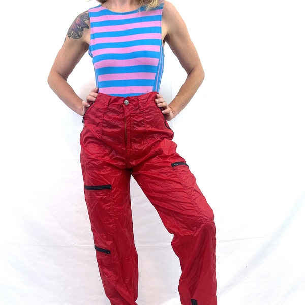 Vintage 80s 1980s WOW Red Zipper Baggy Parachute Pants -  Panno D'Or