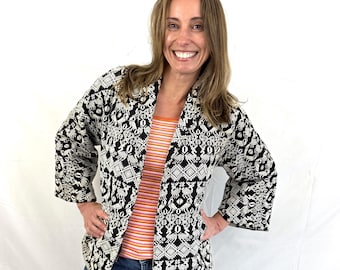 Vintage Black White Guatemalan Hand Woven Coat Guatemala Animal Pattern Jacket