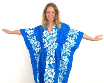Vintage 1980s 80s Lightweight Summer Women's Aloha Hawaiian Caftan OSFM Fun Mumu Dress - By Orchid Fashions