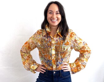 Vintage 1970s 70s Judy Bond Sheer Swirl Psychedelic Button Up Blouse Shirt