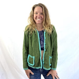 Vintage 1960s 60s Green Blue Wool Cardigan Sweater - Donna Lee of California